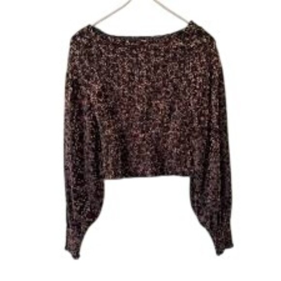 Free People Womens Top Size Large Brown Animal Print Velvet Burnout Smocked - Picture 1 of 13